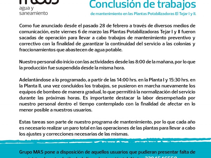 Concluyen trabajos de mantenimiento en plantas potabilizadoras