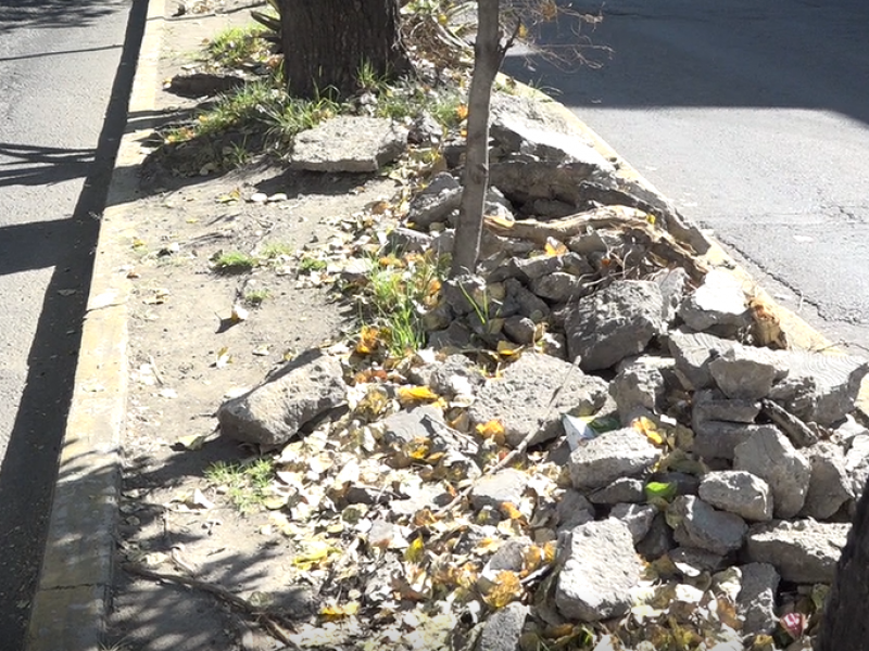 Concreto roto, en camellón de la 5 sur