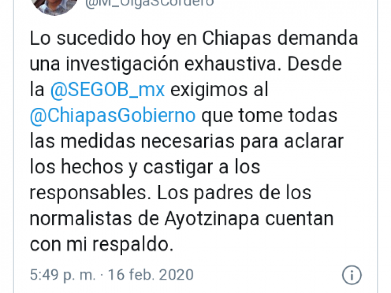 Condena Segob agresiones en Chiapas a padres de desaparecidos Ayotzinapa