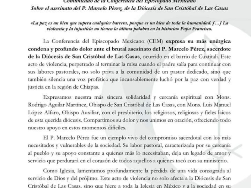 Conferencia del Episcopado Mexicano condena asesinato de Padre Marcelo Pérez