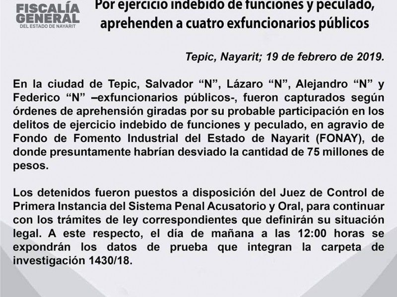 Confirma Fiscalía detención de 4 exfuncionarios