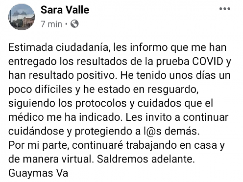 Confirma positivo a Covid-19 la presidenta Sara Valle