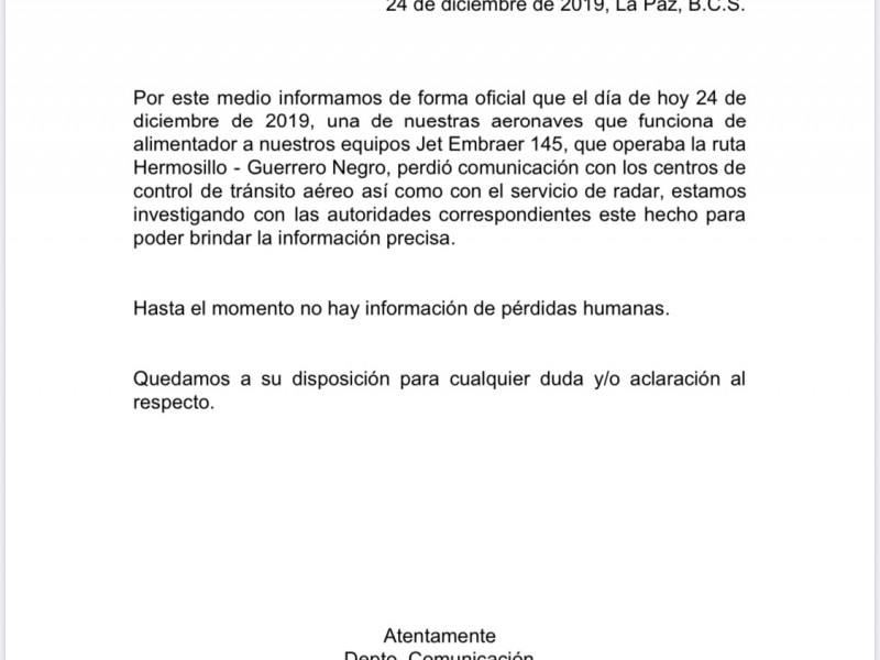 Confirman desaparición de la avioneta