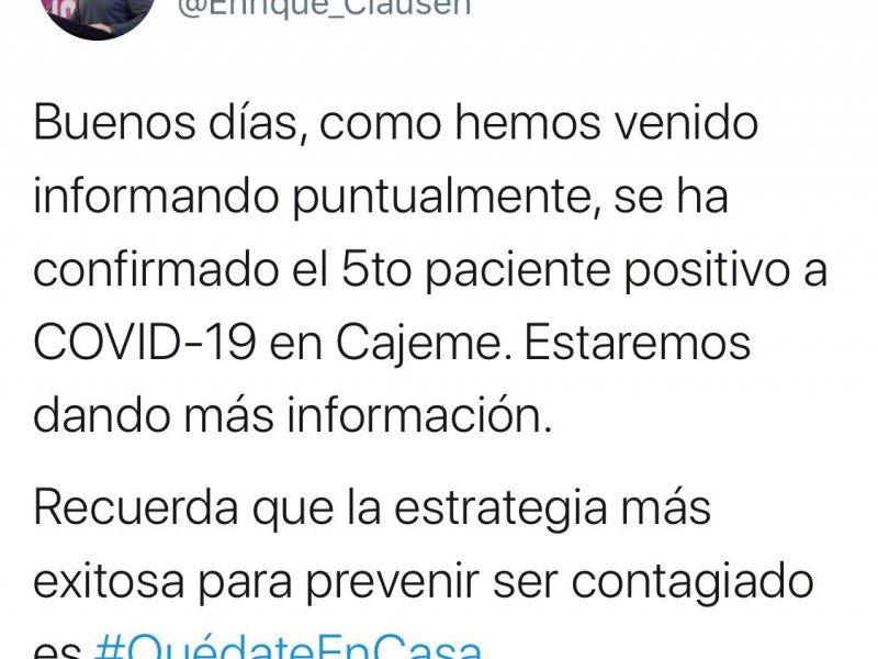 Confirman primer caso de COVID en Cajeme