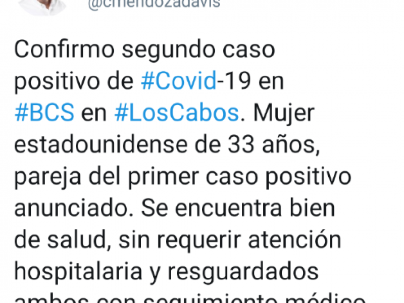 Confirman segundo caso de Covid-19 en BCS