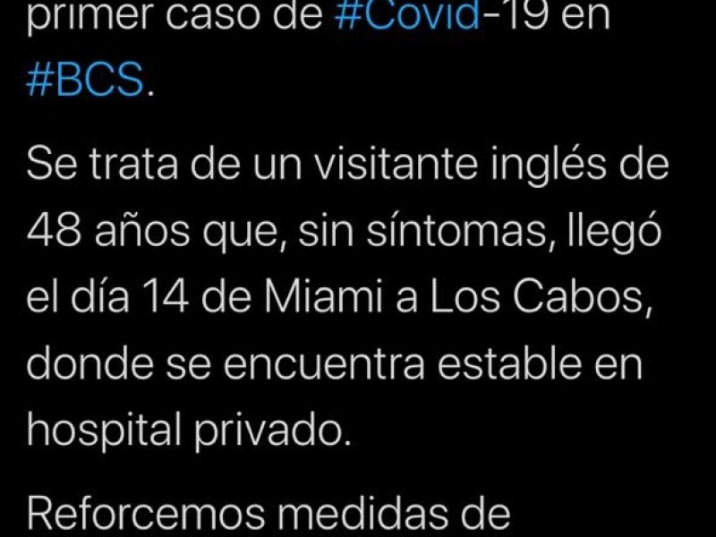 Conformado primer caso de Covid-19 en BCS