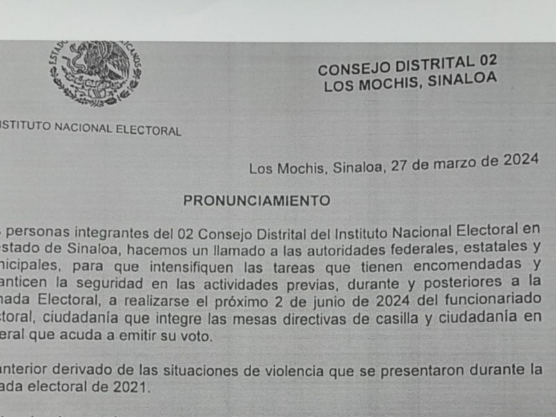 Consejeros distritales del INE demandan seguridad en las elecciones