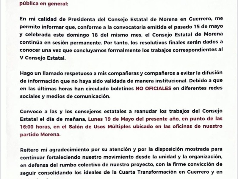 Consejo Estatal de Morena en Guerrero sigue en sesión permanente