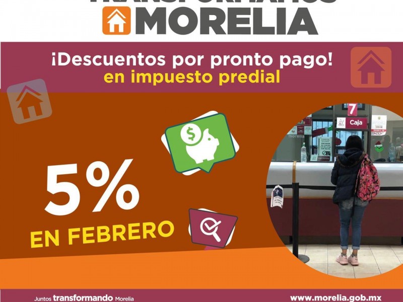Continúa 5% de descuento en pago de predial en Morelia