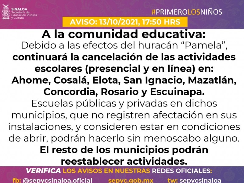 Continúa la suspensión de clases este jueves en Ahome