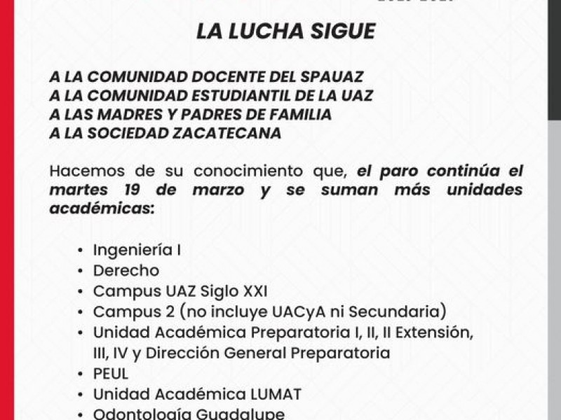 Continúa paro en la UAZ, docentes desconfían del Rector: SPAUAZ