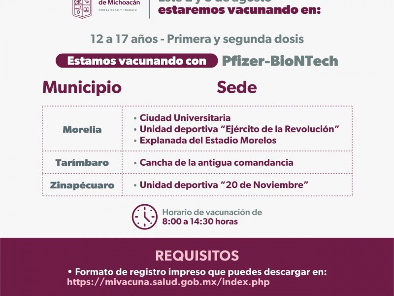 Continúa vacunación anticovid de 12-17 años en Morelia