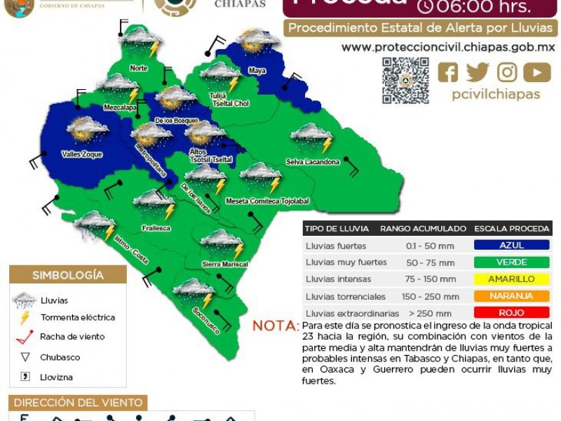 Continuarán las lluvias en Chiapas