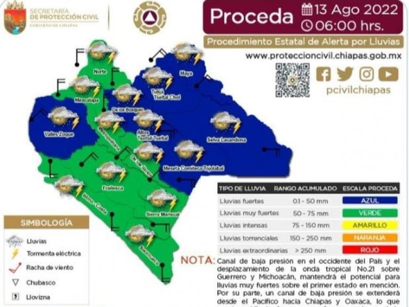 Continuarán las lluvias en Chiapas