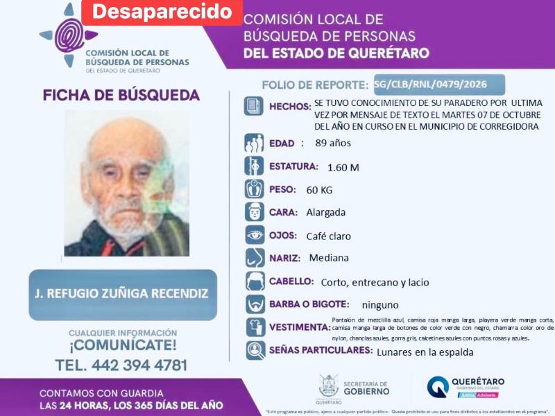 Continúa la búsqueda de un adulto mayor perdido en Corregidora