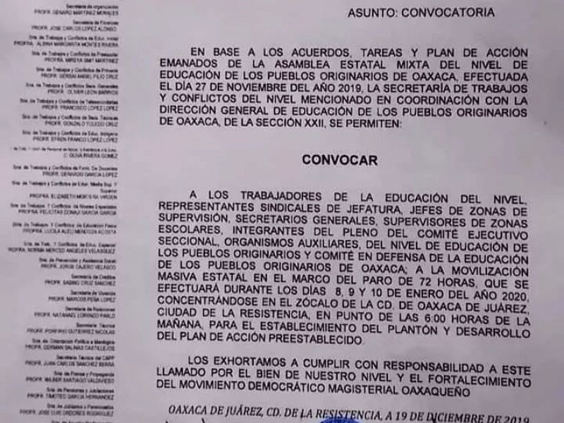 Convocan a paro de labores Sección 22