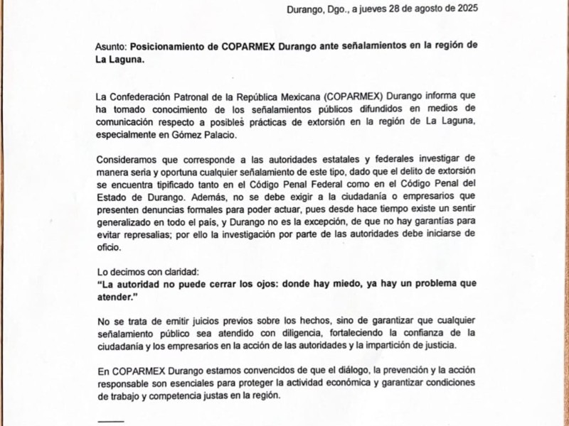 Coparmex Durango exige se investiguen extorsiones en La Laguna