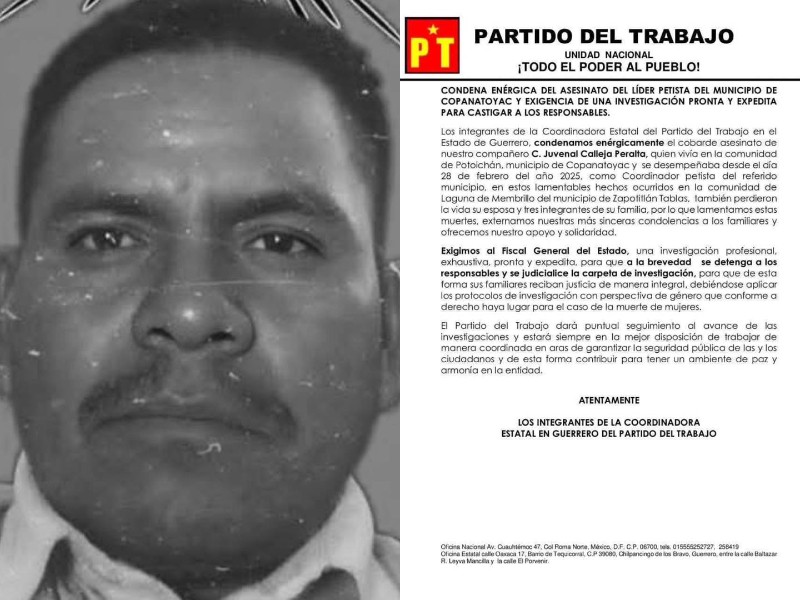 Copanatoyac: asesinan a coordinador petista, su esposa e hijo