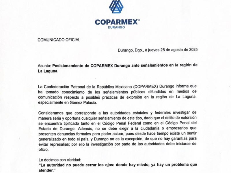 Coparmex de Durango exige a federación investigar presuntos casos de extorsión