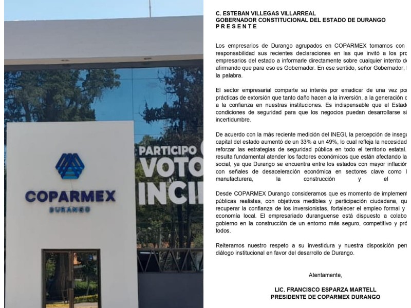 Coparmex Durango pide acciones firmes contra la extorsión