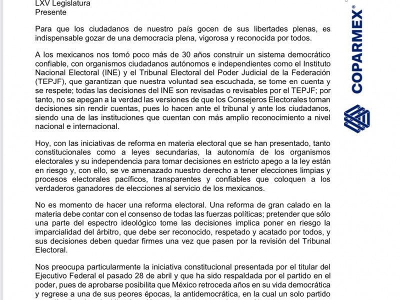 Coparmex exige a diputados no aprobar la Reforma Electoral