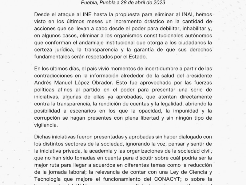 COPARMEX Puebla pide defender al INAI