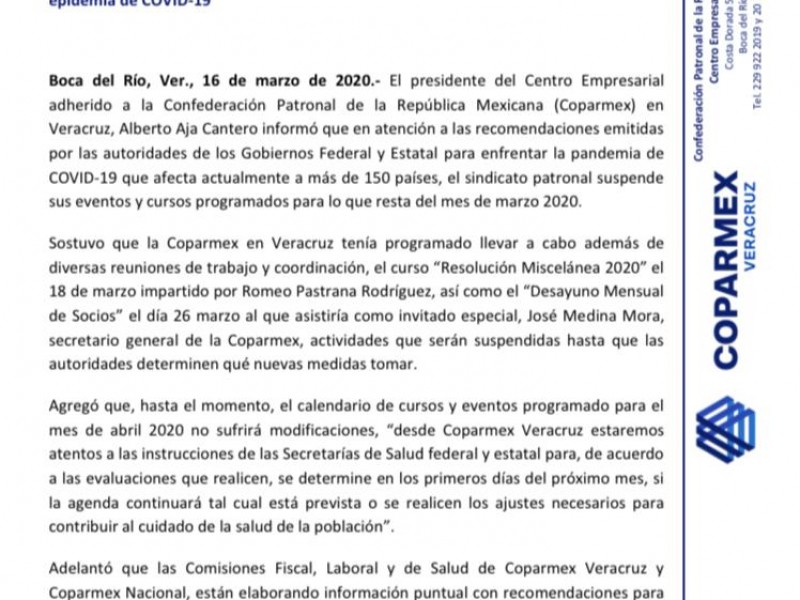 Coparmex Veracruz suspende actividades por Covid-19