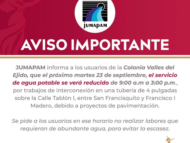 Corte de Agua en la Colonia Valles del Ejido este Martes