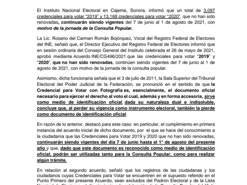 Credenciales no renovadas serán vigentes hasta agosto