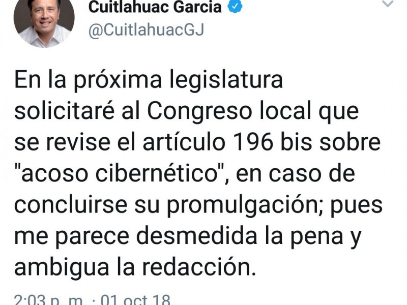 Cuitláhuac García solicitará revisión de Ley Antimemes