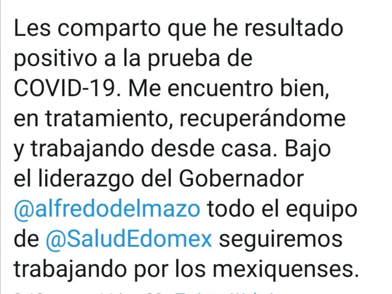 Da positivo a COVID-19 secretario de Salud de Edomex