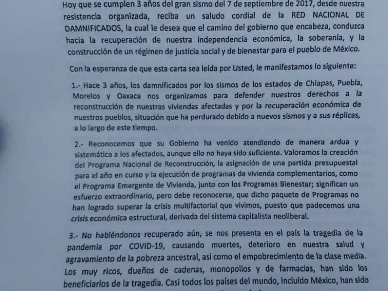 Damnificados por sismos envían carta a AMLO