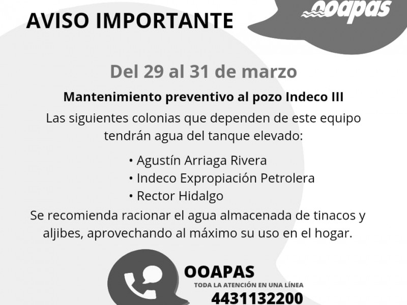 Dará OOAPAS mantenimiento preventivo al pozo Indeco III