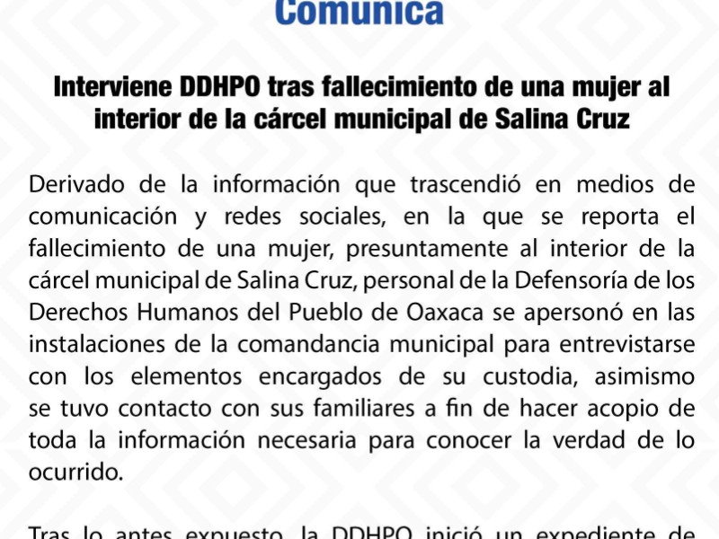 DDHPO investiga muerte de mujer en separos de Salina Cruz