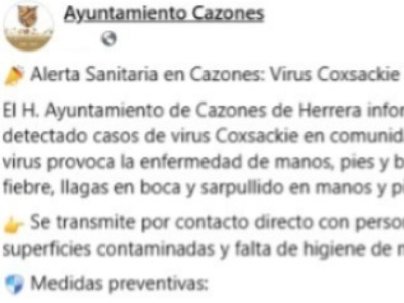 Declaran alerta sanitaria en Cazones por casos de virus Coxsackie