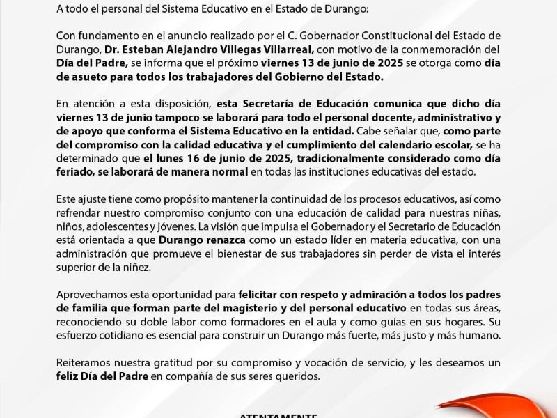 Declaran asueto en Durango el 13 de junio por Día del Padre.