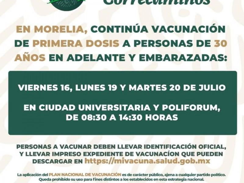 Definen otros dos días para vacunación anticovid en Morelia