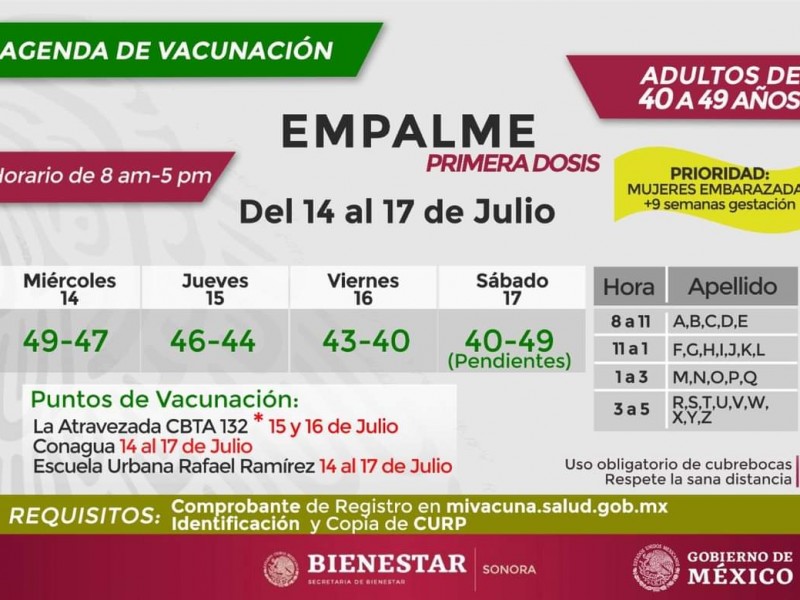 Del 14 al 17 de Julio inicia vacunación en Empalme