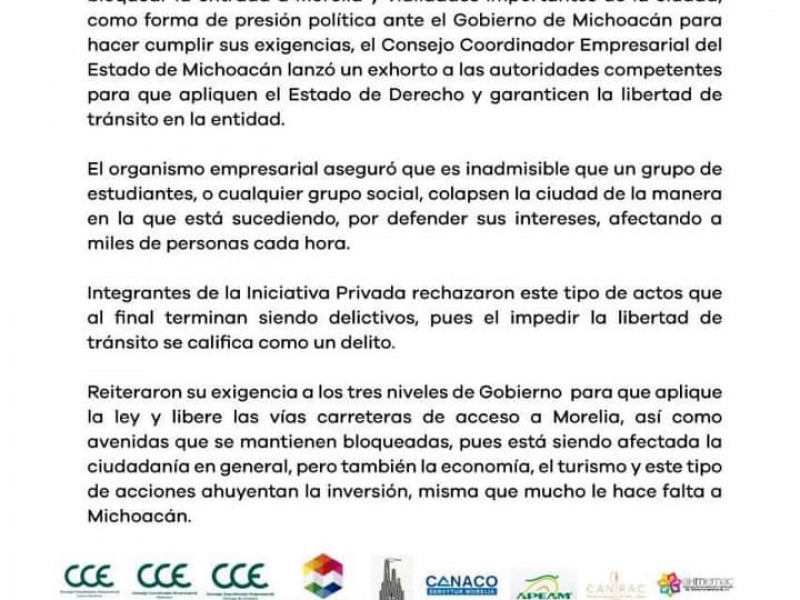 Demandan empresarios aplicar estado de derecho ante bloqueos en Michoacán