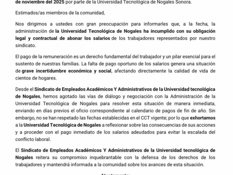 Denuncia Sindicato de UTN falta de pago a empleados, académicos y administrativos