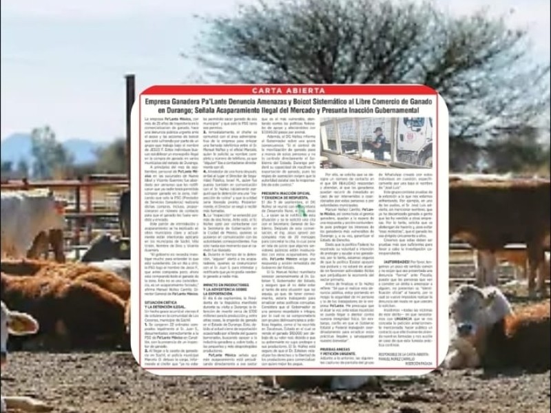 Denuncian intento de monopolio ganadero y amenazas en Durango, productores bajo presión