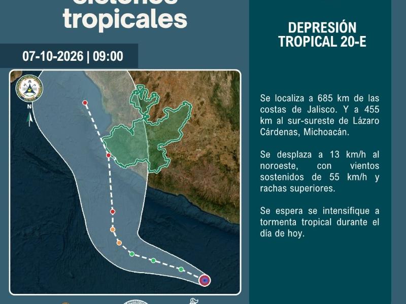 Depresión Tropical 20-E se intensificaría hoy a tormenta tropical