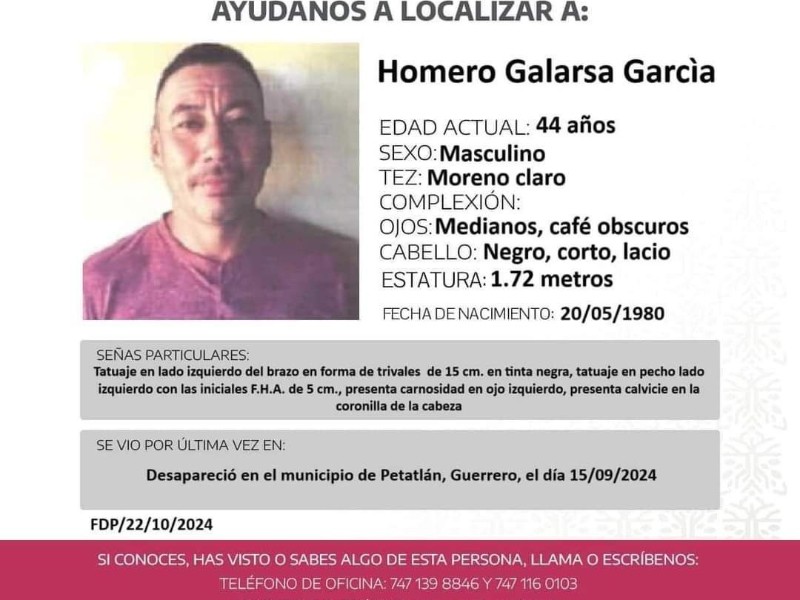 Desaparece hombre de 44 años en Petatlán