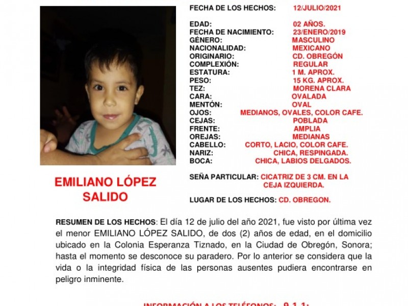 Desaparece menor de 2 años en Ciudad Obregón