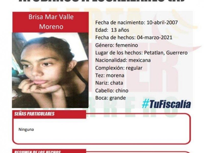 Desaparece niña de 13 años en Petatlán