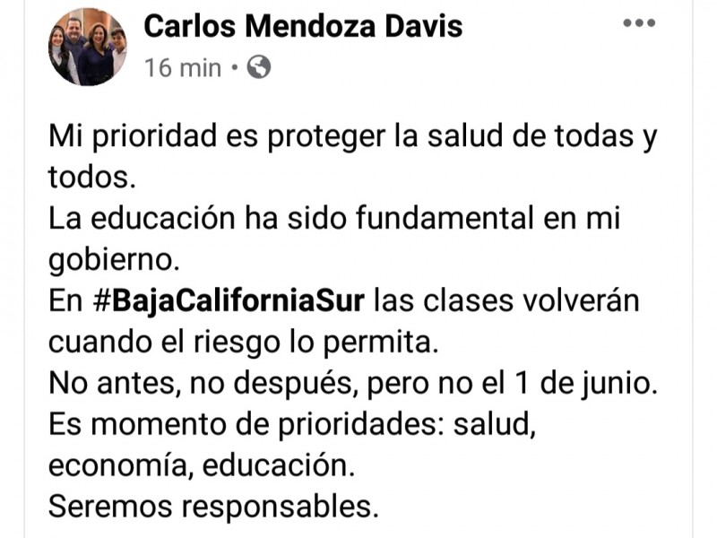 Descarta Gobernador que clases se reanuden el 1 de junio