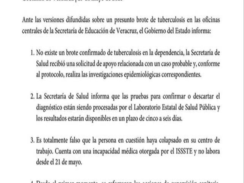 Descarta Gobierno de Veracruz brote de tuberculosis en la SEV