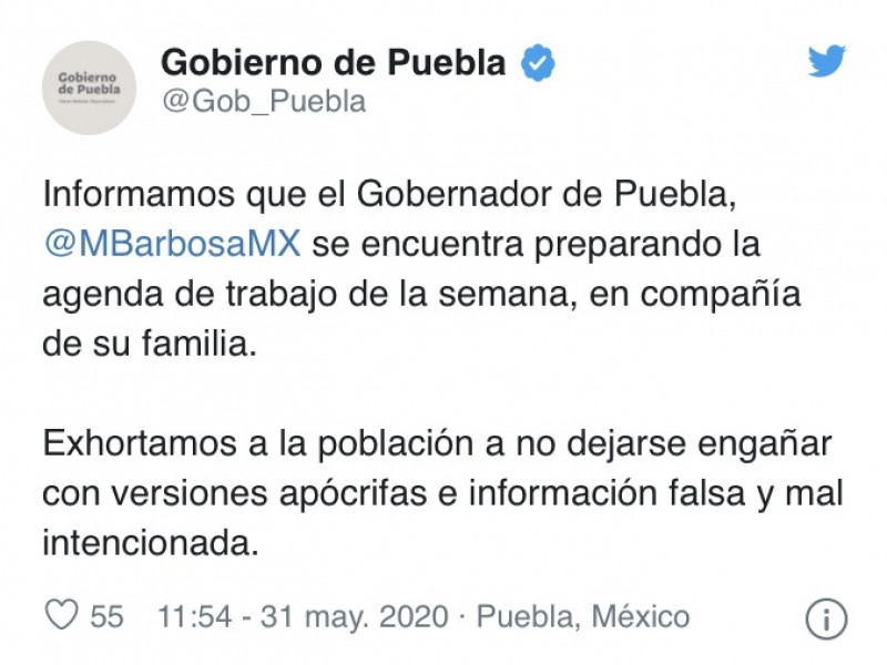 Descartan hospitalización del gobernador Luis Miguel Barbosa