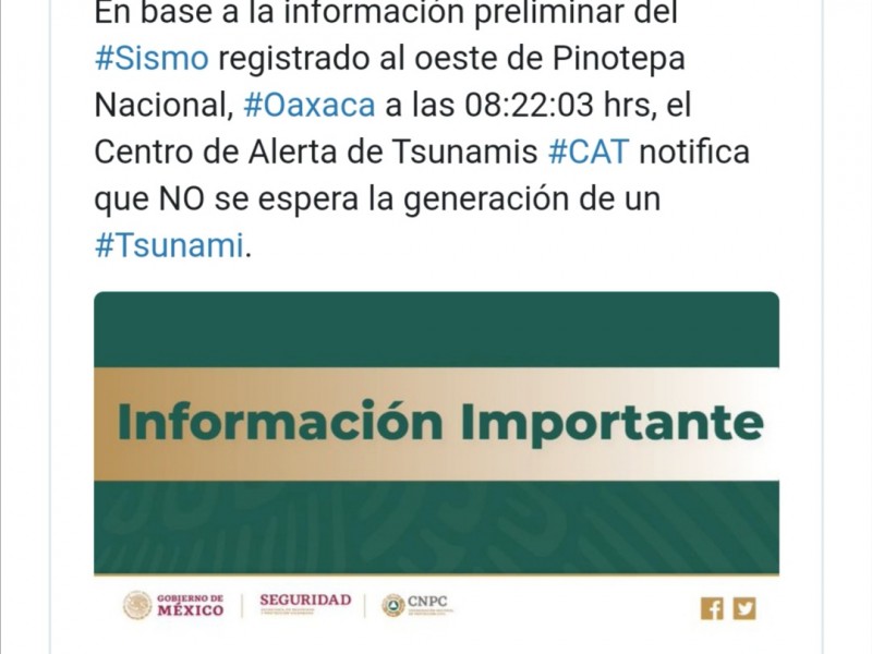 Descartan riesgo de tsunami tras sismo en Oaxaca