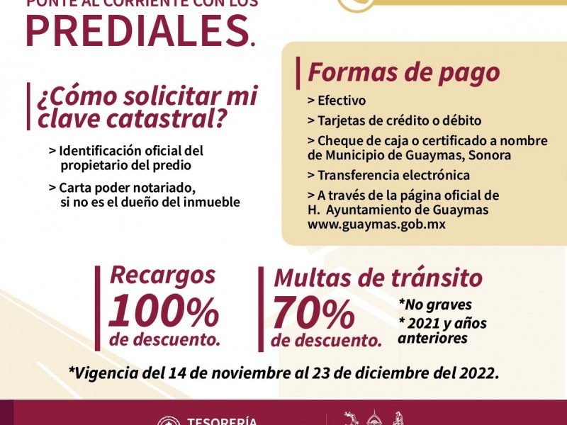 Descuentos en pagos de prediales y multas en Guaymas